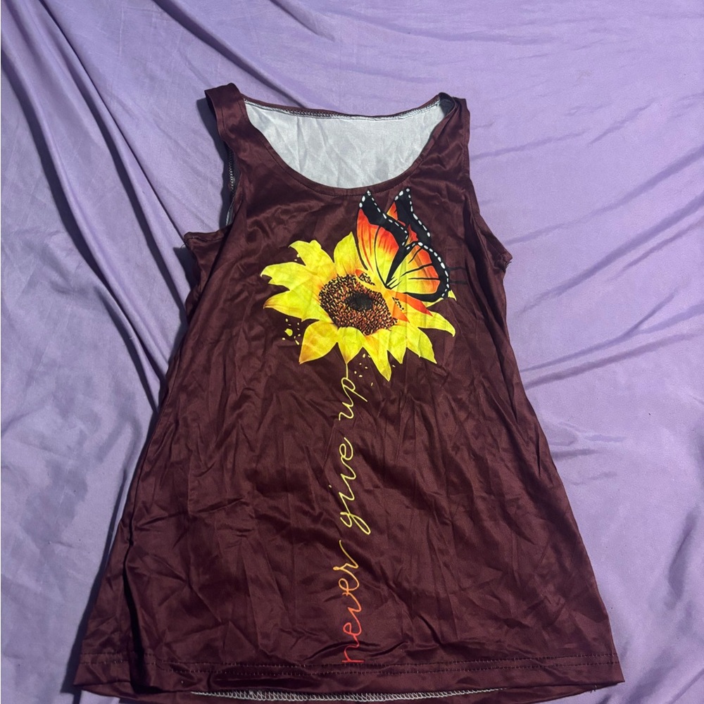 Brown Floral Sunflower Tank Top with Butterfly Accent